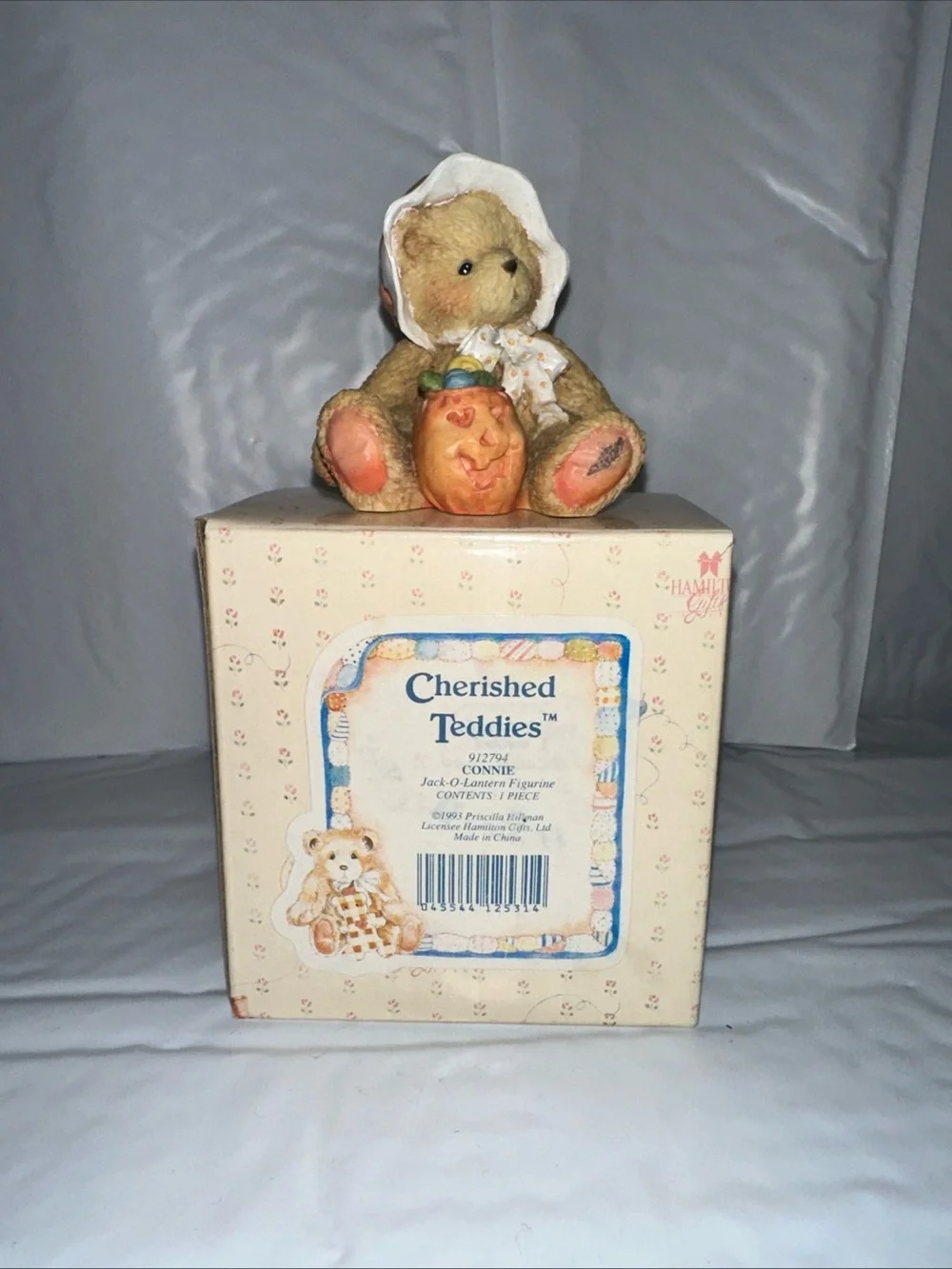 Cherished Teddies Beige and Orange Bear Figurine with Pumpkin